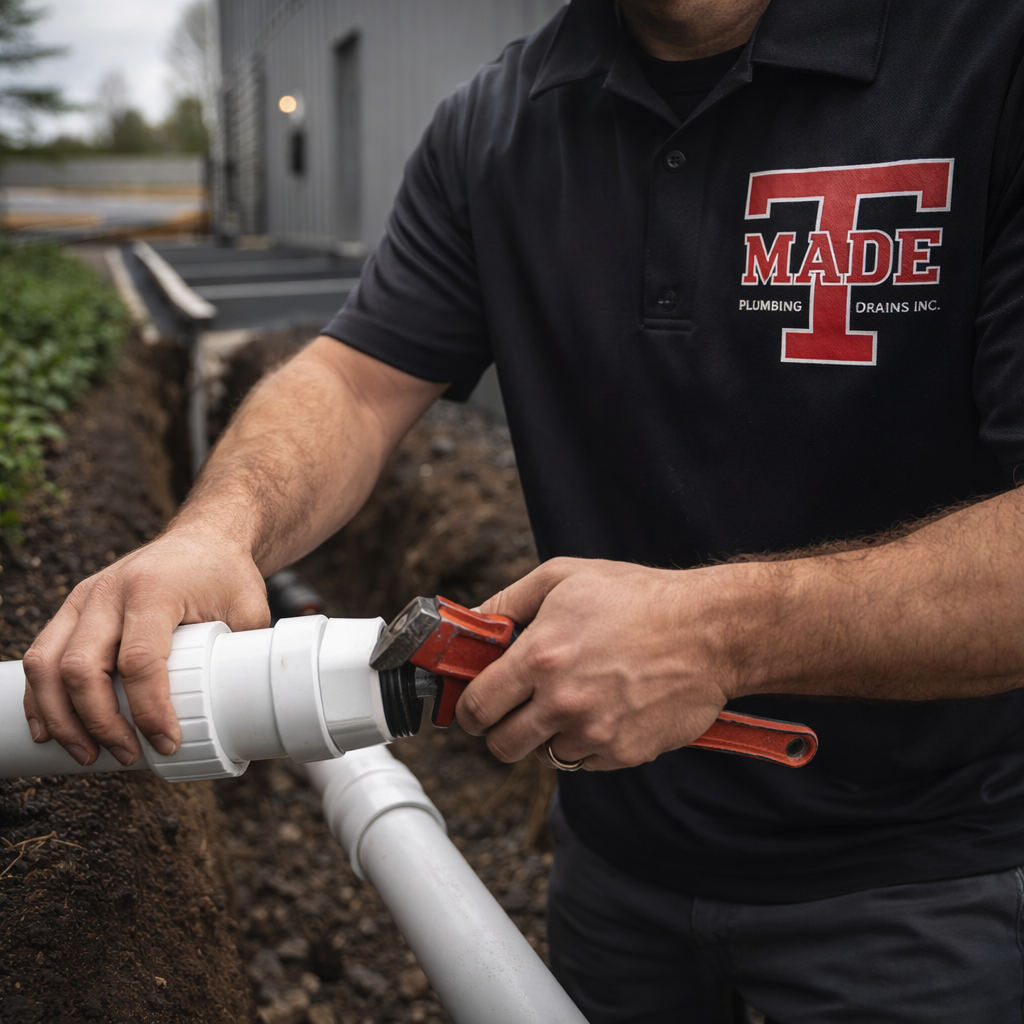 Technician working on outdoor PVC pipe installation
