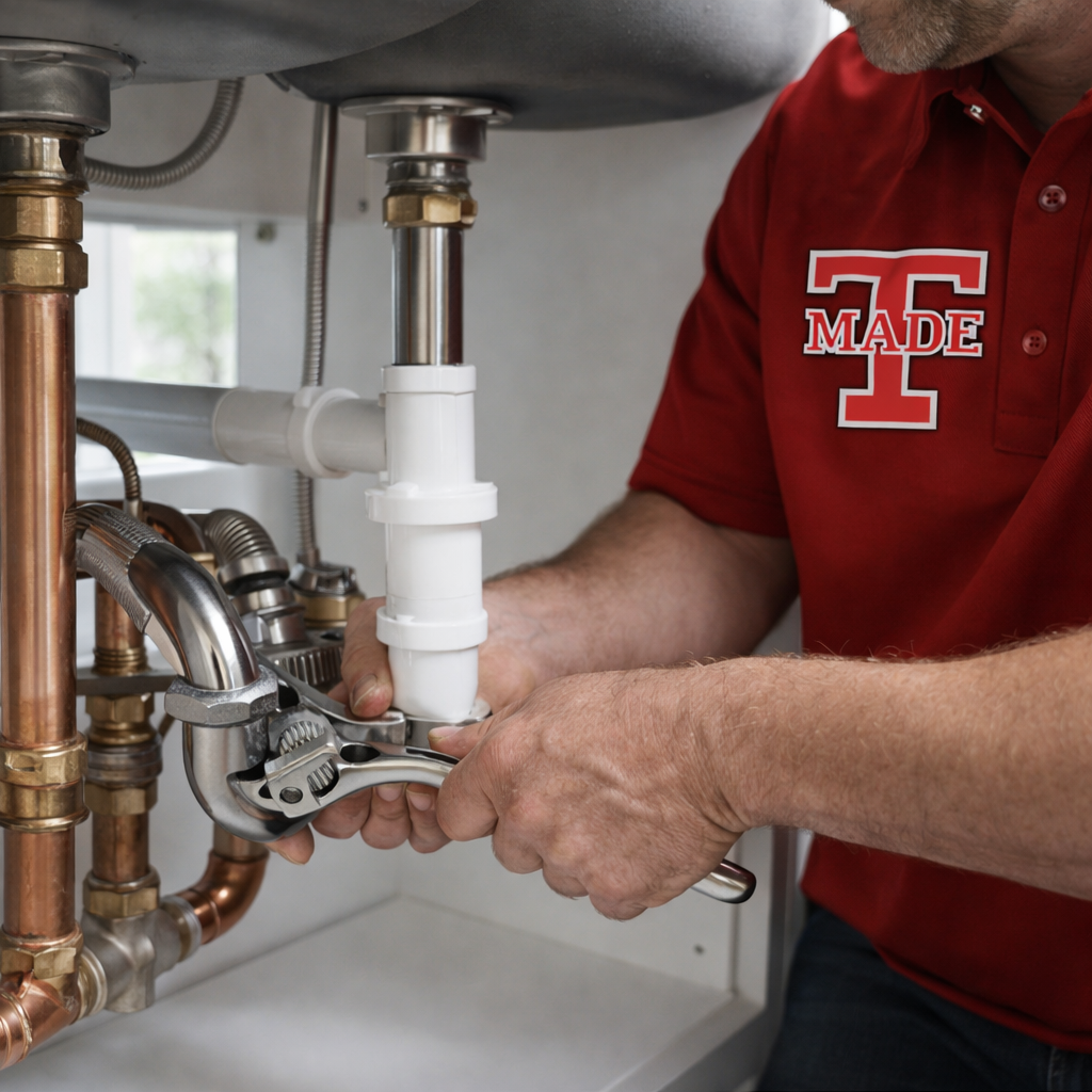 Expert plumber working on under-sink plumbing
